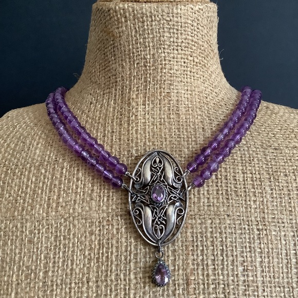 Vintage 925 s silver genuine amethyst beaded necklace.